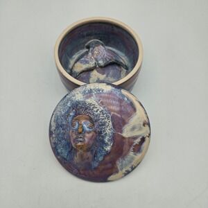 Art Pottery Mermaid Lidded Trinket Jar Round Jewelry Box Purple Blue Drip Glaze